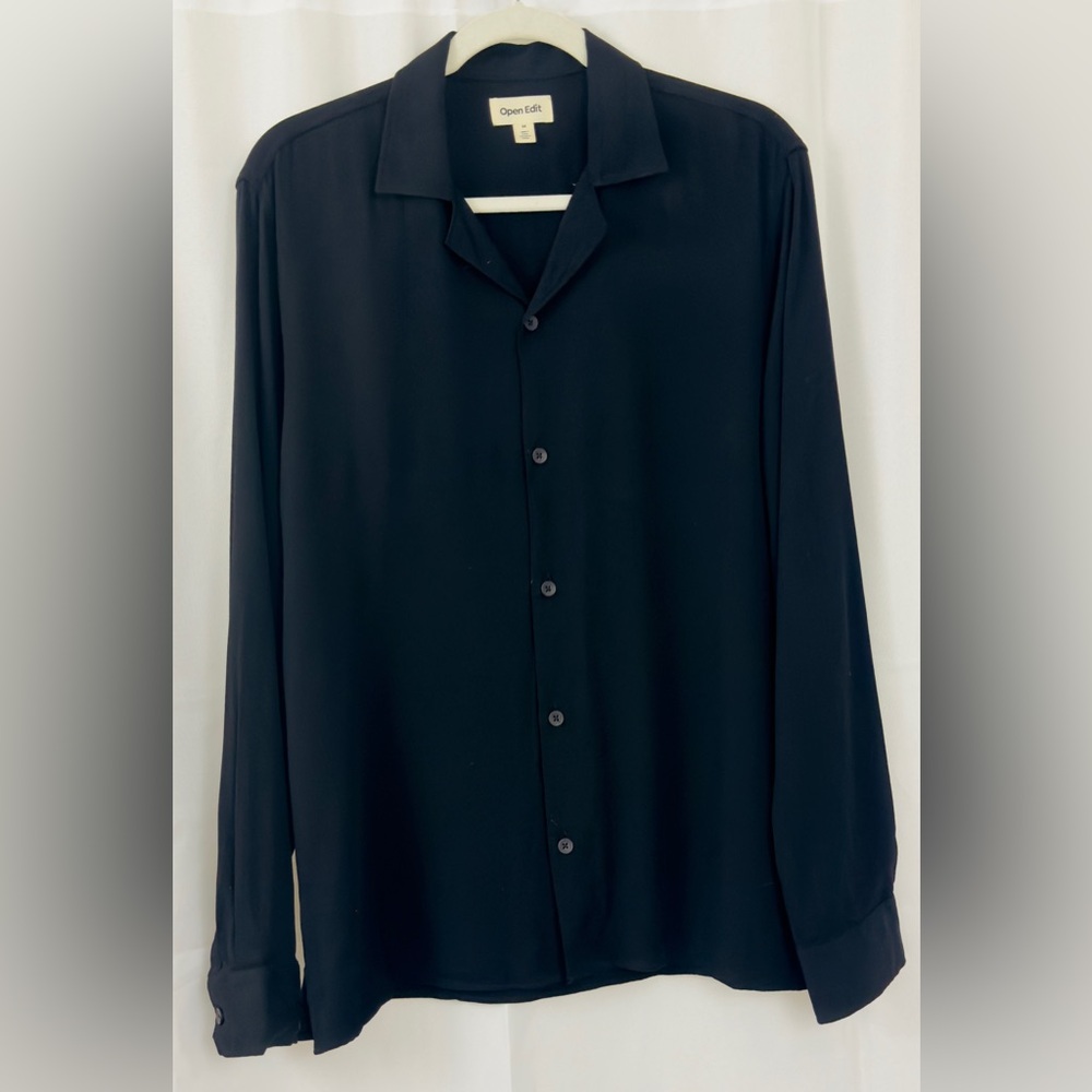 Open Edit Woman’s Black Long Sleeve Button Up Notch Collar Blouse   Medium. NWOT